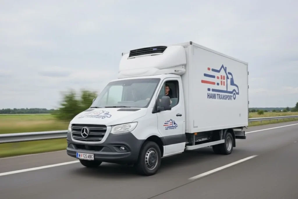 Hami-Kofferwagen in Fahrt, der Fahrer im Seitenfenster sichtbar