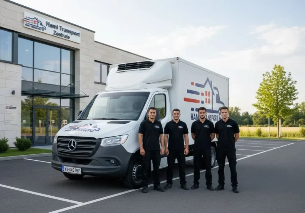 Hami-Wagen und Mannschaft vor dem Betriebsgebäude am Morgen