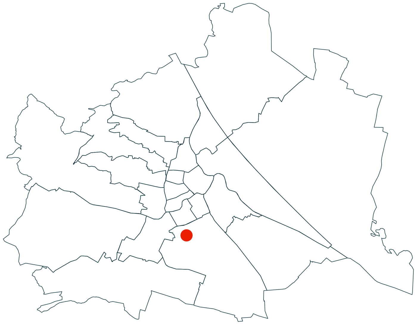 Umriss der 23 Wiener Bezirke; ein roter Punkt markiert den Betrieb in der Inzersdorferstraße 113A, 1100 Wien